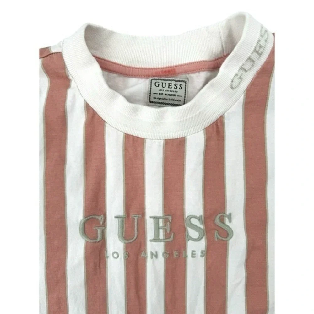 Guess‎ Pink Striped Long Sleeve Crew Neck Shirt Embroidered Guess Logo Women's M